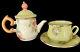 Mackenzie Childs Green Rose Floral Enamelware 3 Piece Lot Sm Teapot Cup & Saucer