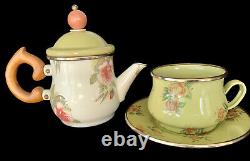 MacKenzie Childs Green Rose Floral Enamelware 3 Piece Lot Sm Teapot Cup & Saucer