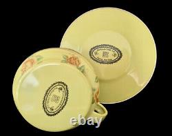 MacKenzie Childs Green Rose Floral Enamelware 3 Piece Lot Sm Teapot Cup & Saucer