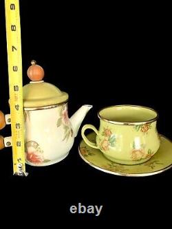 MacKenzie Childs Green Rose Floral Enamelware 3 Piece Lot Sm Teapot Cup & Saucer