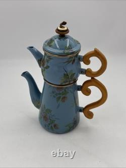 Mackenzie Childs Blue Floral Stacked Camp Coffee Tea Pot Creamer Set