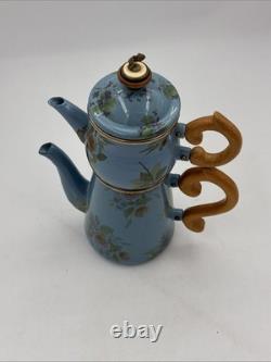 Mackenzie Childs Blue Floral Stacked Camp Coffee Tea Pot Creamer Set