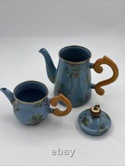 Mackenzie Childs Blue Floral Stacked Camp Coffee Tea Pot Creamer Set