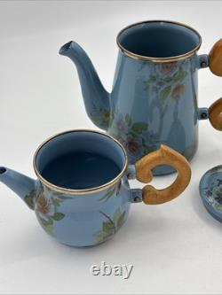 Mackenzie Childs Blue Floral Stacked Camp Coffee Tea Pot Creamer Set