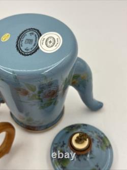 Mackenzie Childs Blue Floral Stacked Camp Coffee Tea Pot Creamer Set