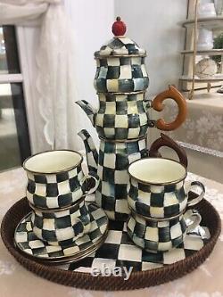 Mackenzie Childs Courtly Check Teapot, Creamer, Sugar, 4 Teacups, 4 Saucers