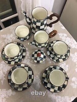 Mackenzie Childs Courtly Check Teapot, Creamer, Sugar, 4 Teacups, 4 Saucers