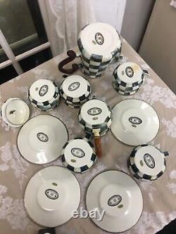 Mackenzie Childs Courtly Check Teapot, Creamer, Sugar, 4 Teacups, 4 Saucers