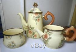 Mackenzie Childs ENAMEL Yellow Rose STACKED Teapot, Creamer and Sugar Set