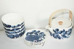 Marimekko Finland, set of blue Mynsteri dishes, 4 plates and bowls + teapot