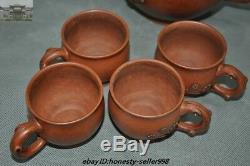 Marked Old Chinese yixing Zisha Pottery Carved Plum Tea set Teapot Tea cup Set