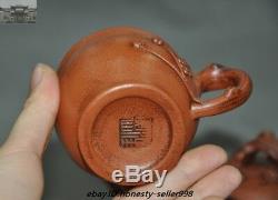 Marked Old Chinese yixing Zisha Pottery Carved Plum Tea set Teapot Tea cup Set