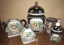 Mary Engelbreit Ceramic Chair 5 Pc Set/ Lot Canisters, Teapot, Sugar, & Pump