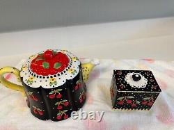 Mary Engelbreit Very Cherry teapot & tea storage box, container. Great condition