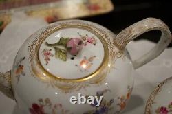 Meissen Crossed Swords Gilded Floral Tea Set Teapot, Creamer & Sugar Bowl Rare