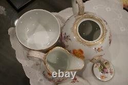 Meissen Crossed Swords Gilded Floral Tea Set Teapot, Creamer & Sugar Bowl Rare