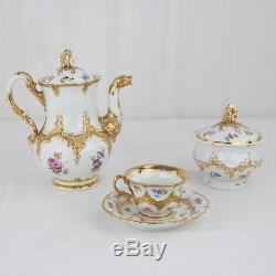 Meissen Porcelain Gilt & Floral Tea Set Antique Relief Pattern Baroque Tea Pot +