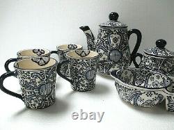 Mexican Talavera Pottery Tea Pot Cup Sugar Creamer Set of Four Blue White