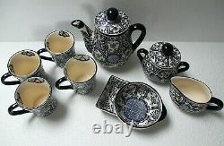 Mexican Talavera Pottery Tea Pot Cup Sugar Creamer Set of Four Blue White