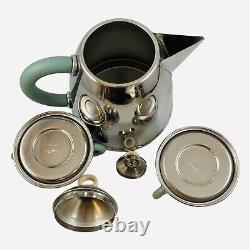 Michael Graves Green Handle Tea Kettle Pot Cream Sugar Set Stainless Steel 3 Pc