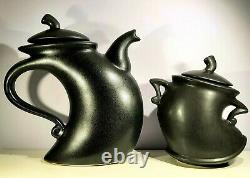 Michael Lambert Pottery Whimsical Dancing Strutting Teapot & Sugar Jar Black Set