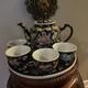 Mid-century Chinese Famille Noire Porcelain Tea Set Pot & 4 Cups Hand Painted