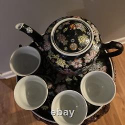 Mid-Century Chinese Famille Noire Porcelain Tea Set Pot & 4 Cups Hand Painted