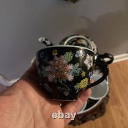 Mid-Century Chinese Famille Noire Porcelain Tea Set Pot & 4 Cups Hand Painted