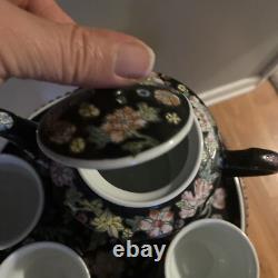 Mid-Century Chinese Famille Noire Porcelain Tea Set Pot & 4 Cups Hand Painted
