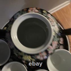 Mid-Century Chinese Famille Noire Porcelain Tea Set Pot & 4 Cups Hand Painted