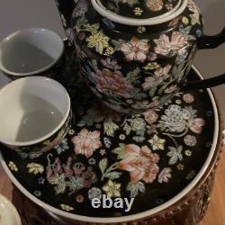 Mid-Century Chinese Famille Noire Porcelain Tea Set Pot & 4 Cups Hand Painted