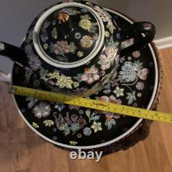 Mid-Century Chinese Famille Noire Porcelain Tea Set Pot & 4 Cups Hand Painted