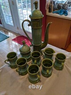 Modern 1970's Elongated Olive and Moss Green Tea Pot Set, 9 Pieces