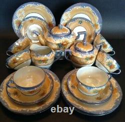 Moriyama Hand Painted 21 Piece Tea & Dessert Set Amber And Blue Luster Japan