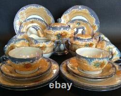 Moriyama Hand Painted 21 Piece Tea & Dessert Set Amber And Blue Luster Japan