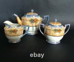 Moriyama Hand Painted 21 Piece Tea & Dessert Set Amber And Blue Luster Japan