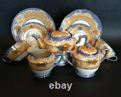 Moriyama Hand Painted 21 Piece Tea & Dessert Set Amber And Blue Luster Japan