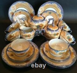 Moriyama Hand Painted 21 Piece Tea & Dessert Set Amber And Blue Luster Japan