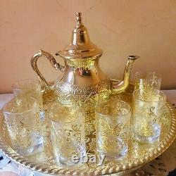 Moroccan Handmade Golden Tea Set Handmade TeaPot, Tea Tray, Set Of 6 Tea Cups