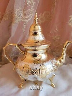Moroccan Handmade Golden Tea Set Large TeaPot, Tea Tray, Set Of 6 Tea Cups NEW