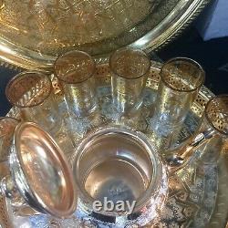 Moroccan Handmade Golden Tea Set TeaPot, Tea Tray, Set Of 6Tea Cups And Sugar Bowl