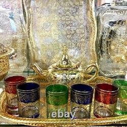 Moroccan Handmade Luxurious Golden Tea Set Teapot, Tea Tray, Set Of 6Tea Cups