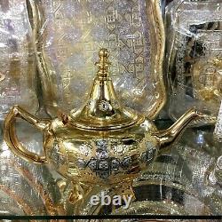 Moroccan Handmade Luxurious Golden Tea Set Teapot, Tea Tray, Set Of 6Tea Cups