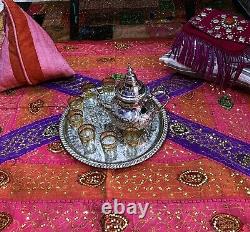 Moroccan Handmade Silver Tea Set Tea Pot, Tea Tray, Set Of 6 Tea Cups Large NEW