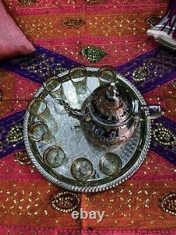 Moroccan Handmade Silver Tea Set Tea Pot, Tea Tray, Set Of 6 Tea Cups Large NEW