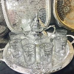 Moroccan Handmade Tea Set 6 Cups Tea Glasses, Teapot Handmade Tea Tray NEW