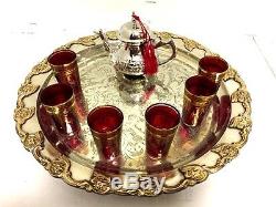 Moroccan Mint Tea Serving Set Antique Teapot & Tea Artisan Glasses Silver Tray