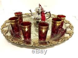 Moroccan Mint Tea Serving Set Antique Teapot & Tea Artisan Glasses Silver Tray