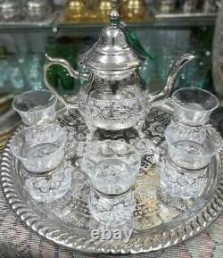 Moroccan Tea Set Teapot Rectangular Tray 5 Multicolor Glasses, high quality