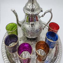 Moroccan tea glasses, Vintage set of handmade teapot, Moroccan gift for wedding